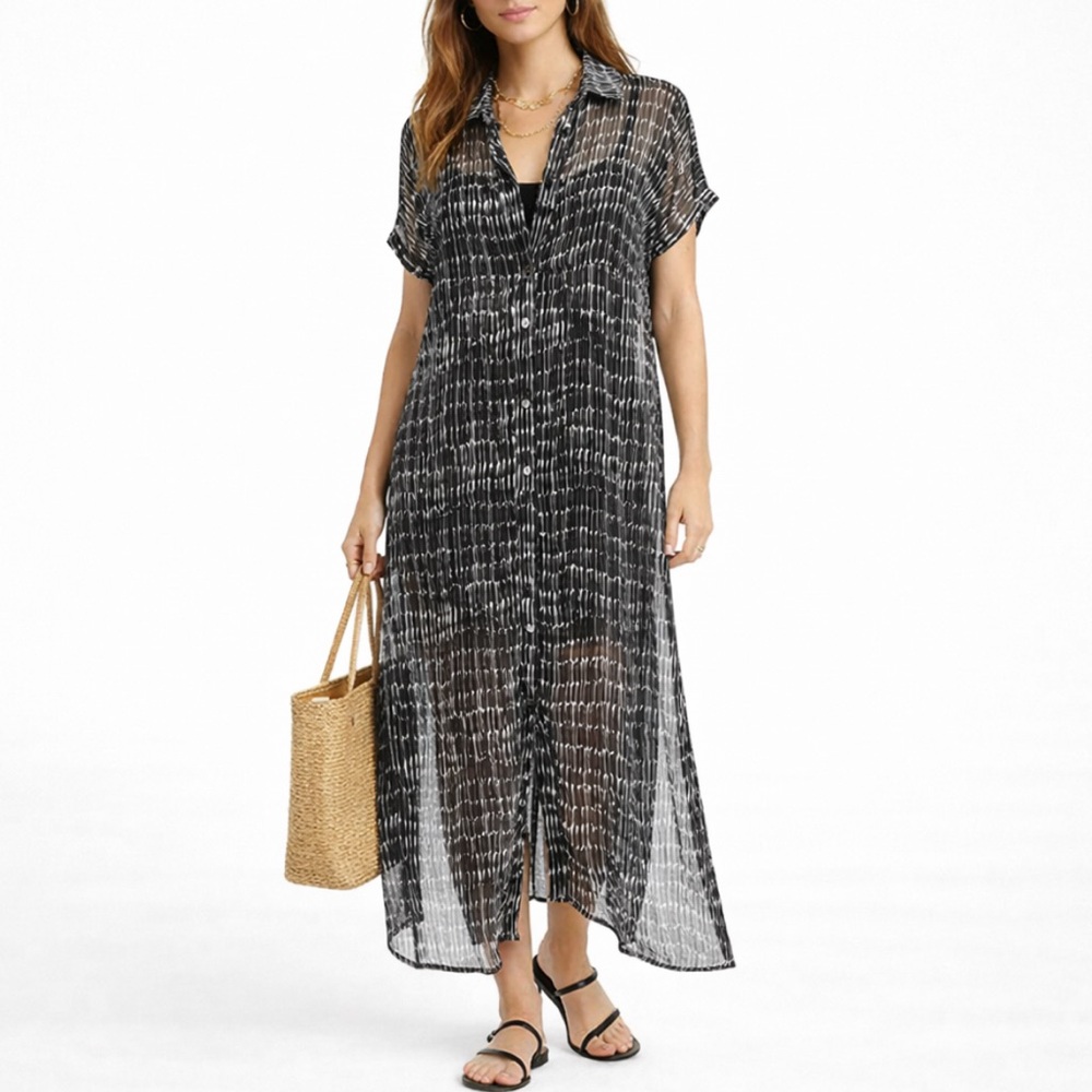 H BY HALSTON Sheer Midi Shirt Dress Cover Up Oversized Layer Beach Resort Size M